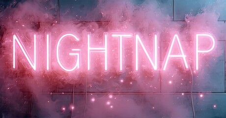 Aufkleber - Bright pink neon sign spells NIGHTNAP. Background features blue, purple smoke, tile wall. Dramatic lighting creates vibrant aesthetic.