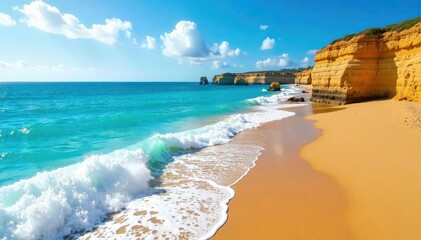 Wall Mural - Golden sand, turquoise waves crash on Algarve coast , landscape, Atlantic