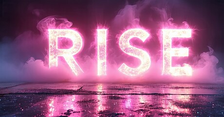 Aufkleber - Bright pink RISE text glows above reflective surface. Smoke surrounds lettering, creating dramatic effect. Dark background enhances luminosity.