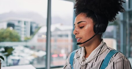 Aufkleber - Business woman, consultant or headset with computer for customer service or communication at office. Female person, agent or virtual assistant with technology for online advice or help at workplace