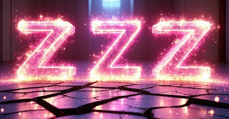 Poster - Glowing pink letter Zs rest upon cracked floor. Dark room provides dramatic lighting, creating intense visual effect.