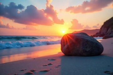 Wall Mural - Solitary rock on a tranquil sandy beach at sunset, serene, still