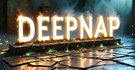 Aufkleber - Glowing DEEPNAP text sits atop stone base. Dark background features smoke, wet pavement. Dramatic lighting creates intense mood.