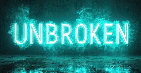 Aufkleber - Bright neon sign displays UNBROKEN. Dark background features smoke effects, creating dramatic visual impact. Minimalist aesthetic.