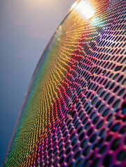 Poster - Close up of a curved iridescent metal mesh surface with a repeating hexagonal pattern design