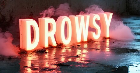 Aufkleber - Neon sign spelling DROWSY rests on wet surface. Pink smoke surrounds glowing letters, creating dramatic effect. Dark background enhances contrast.