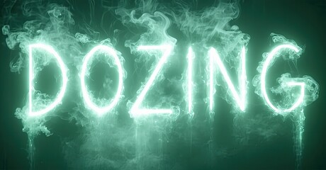 Aufkleber - Bright neon text spells DOZING with smoke effects. Dark background enhances glowing letters, creating dramatic visual impact.