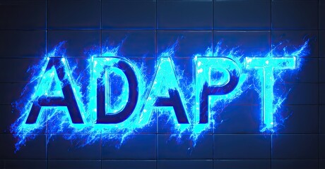 Aufkleber - Bright blue text spells ADAPT with energy effects. Background features dark tiled wall, black borders surround image.