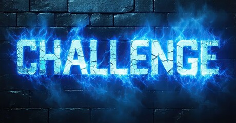 Aufkleber - Bright blue challenge text glows against dark brick wall. Electric energy surrounds lettering, creating dramatic visual impact.