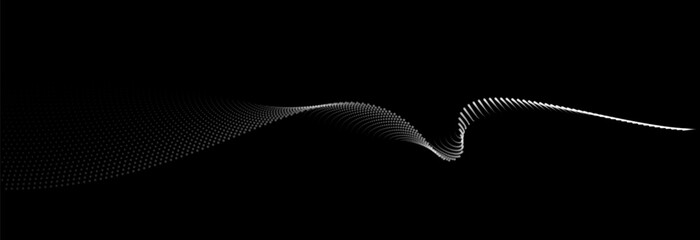 Poster - Flowing dots particles wave pattern white light gradient smooth curve shape isolated on black background. Vector in concept of technology, science, music, modern.