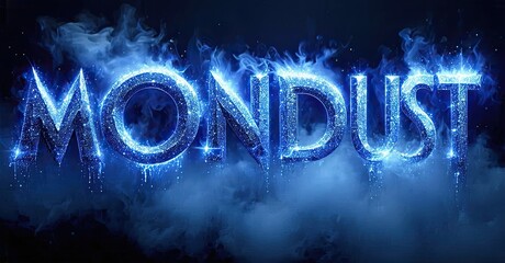 Aufkleber - Bright blue text spells MONDUST. Dramatic lighting, smoke effects create icy atmosphere. Bold typography dominates dark background.
