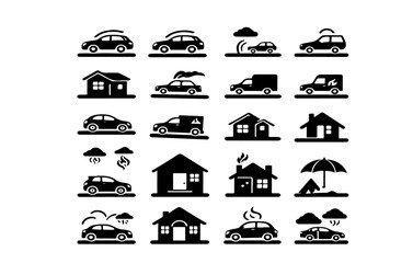 Aufkleber - A collection of black and white vector style icons car, house, cloud, rain, umbrella, van, icon, vector, transportation, home, weather, protection, roof, automobile, building, storm, safety, insurance