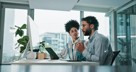 Poster - Computer, trading and support with business people in office for stock market, economy or report. Coaching, crypto broker and online investment with employees in agency for monitor performance