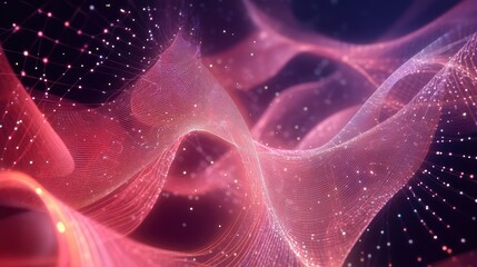  - Abstract digital waves with glowing particles, flowing in vibrant shades of pink and purple, creating a dynamic visual of energy and technology in motion