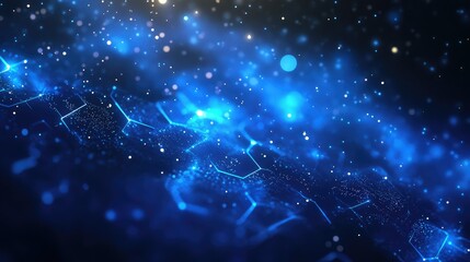 Fototapete - Abstract blue digital background with glowing particles, hexagonal shapes, and light reflections creating a serene and futuristic atmosphere for technology and science applications