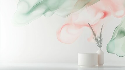 Poster - Abstract fluid art with soft pastel colors creating a serene atmosphere in a modern interior setting featuring vases and decorative elements for aesthetic design