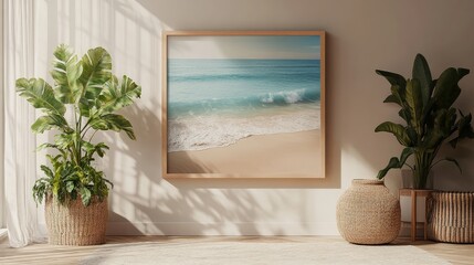 Poster - Tranquil Coastal Scene with Decorative Plants and Artwork in Modern Interior, Creating a Calming Atmosphere for Relaxation and Inspiration