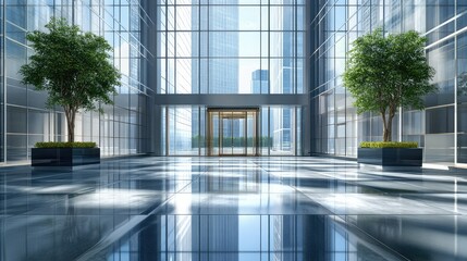 Poster - Modern Glass Atrium with Bright Sunshine, Tall Windows, and Lush Indoor Plants in a Corporate Office Building