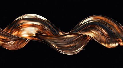 Poster - Abstract wave of fluid metallic strands that shimmer and undulate, showcasing rich hues of bronze and gold against a deep black background, creating a dynamic composition