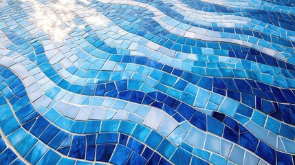 Poster - Beautiful Abstract Design of Wavy Blue Mosaic Tiles in a Swimming Pool Reflecting Light and Creating a Tranquil Atmosphere for Relaxation and Escape