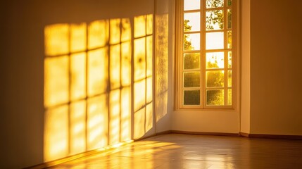 Poster - Warm Sunlight Casting Gentle Shadows on Wall from Open Window in Cozy Indoor Space, Evoking Tranquility and Serenity in Morning or Evening Light