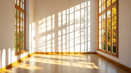 Poster - Bright and Airy Interior Room with Large Windows Casting Shadows on the Wooden Floor Surrounded by Autumn Trees Outside in Natural Light