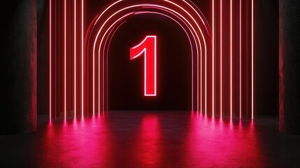 Poster - Neon Number One in an Abstract Archway Surrounded by Vibrant Lights Creating a Modern and Futuristic Atmosphere for Celebrations or Events