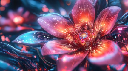 Poster - Captivating Abstract Digital Flower Design with Colorful Glowing Petals and Intricate Patterns Ideal for Futuristic Themes, Technology Backgrounds, and Artistic Projects