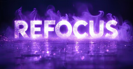 Aufkleber - Bright purple text spells REFOCUS with smoke effects. Dramatic lighting creates reflections on dark surface below. Intense visual impact.