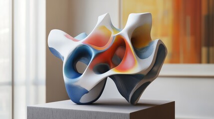 Poster - Abstract Sculpture with Colorful Patterns and Organic Shapes Captured in Soft Natural Light within an Art Gallery Setting