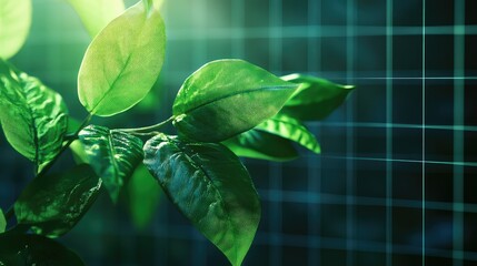 Poster - Lush Green Leaves Against a Subtle Grid Background, Symbolizing Growth, Renewal, and the Connection Between Nature and Technology in a Modern Environment