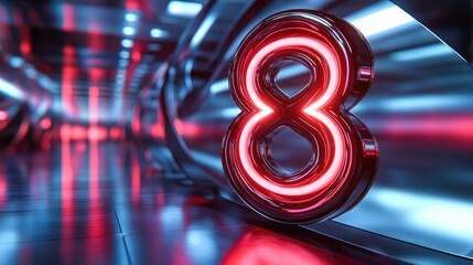  - Dazzling Neon Number Eight Sign Glowing in a Futuristic Tunnel with Dynamic Light Reflections Creating an Engaging and Modern Visual Experience