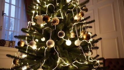 Poster - Elegant Christmas tree with gold and silver ornament, glowing string lights, festive indoor decor, and wrapped gifts underneath