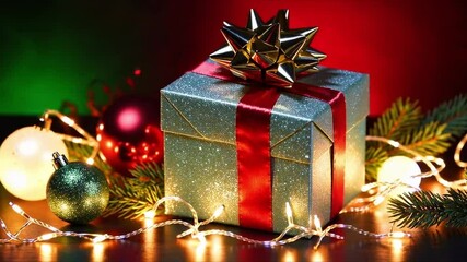 Poster - Glitter gift box with red ribbon, festive ornament, and pine branch glowing light for holiday celebration and joyful festive