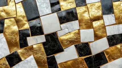Poster - Elegant Mosaic Design Featuring Black, White, and Gold Tiles in a Contemporary Pattern for Stylish Interior Decor and Artistic Backgrounds