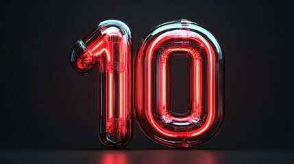 Poster - Neon Tube Number Ten Illuminated Sign on Dark Background for Celebrations and Events, Bright Red Glow Representing a Milestone or Countdown in Modern Style