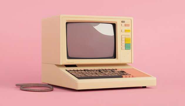 Vintage computer against a pastel pink backdrop.