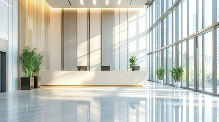 Poster - Modern reception area with sleek design, floor-to-ceiling windows, natural light, minimalist furniture, and green plants enhancing the contemporary atmosphere