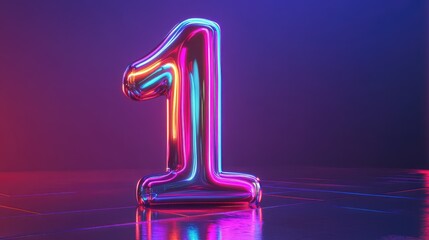 Poster - Bright and Colorful Neon Number One on a Shiny Surface, Ideal for Celebrations, Anniversaries, and Milestone Events with a Futuristic Vibe