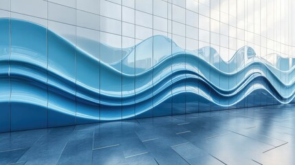 Poster - Abstract Blue Wave Design on Modern Building Facade with Curved Lines and Textured Surface Reflecting Light in an Urban Environment