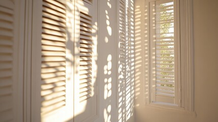 Poster - Soft Morning Light Passing Through Wooden Shutters, Creating Intricate Shadow Patterns on a White Wall in a Cozy Indoor Space