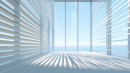 Poster - Bright and Modern Interior Space with Horizontal Blinds and Sea View, Featuring Clean Lines and Soft Shadows in a Minimalist Design Aesthetic