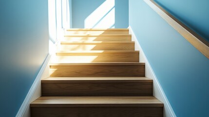 Poster - A Bright and Inviting Staircase with Wooden Steps and Natural Light Enhancing a Serene Blue Wall in a Modern Home Interior Design Setting