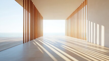 Poster - Bright and Modern Minimalist Interior Space with Wooden Elements and Abundant Natural Light Overlooking Scenic Ocean View