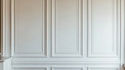 Poster - Elegant White Paneled Wall with Intricate Detailing in a Bright and Airy Room, Perfect for Interior Design Inspiration and Home Decoration Projects