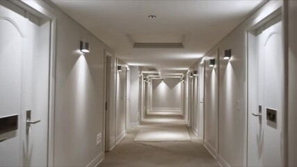 Poster - Modern hallway ambiance with simple design, soft lighting, white walls, minimalistic decor, and multiple closed doors create calm
