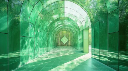 Poster - Serene Green Architectural Space with Glass Walls Surrounded by Lush Bamboo Forest Creating a Tranquil and Contemporary Atmosphere for Relaxation and Reflection