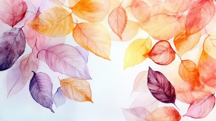 Poster - Delicate Autumn Leaves in Soft Watercolor Hues, Featuring Shades of Orange, Red, Yellow, and Purple on a Light Background, Perfect for Seasonal Decor and Art Projects
