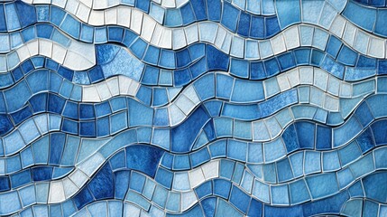 Poster - Abstract wave pattern made of blue and white tiles creates a serene, fluid appearance, perfect for backgrounds and thematic designs focused on water and tranquility.
