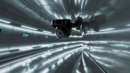 Poster - Futuristic corridor surveillance camera with metallic wall and modern technology, sleek reflective surfaces, and glowing lights